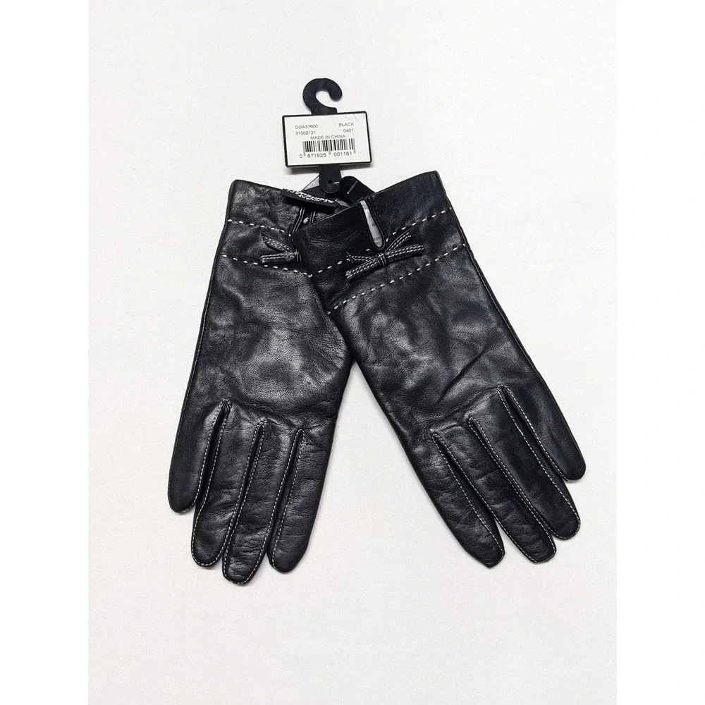 George Womens Black Leather Gloves Thinsulate Insulated‎ Bow Accent Size L NEW